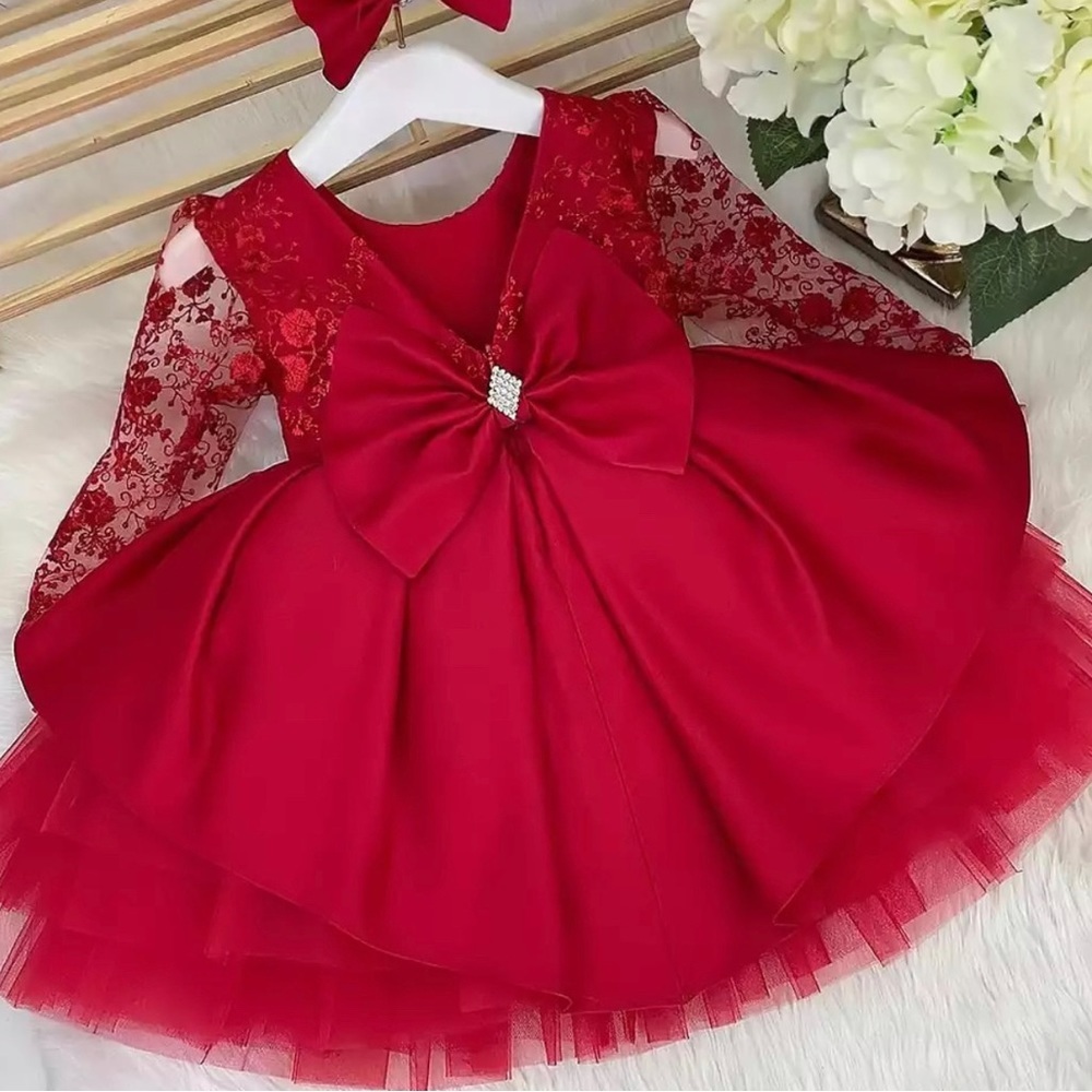 The Rosie Dress Long Sleeve Tulled Tiered Dress Red Lace Bow Elegant Toddler
